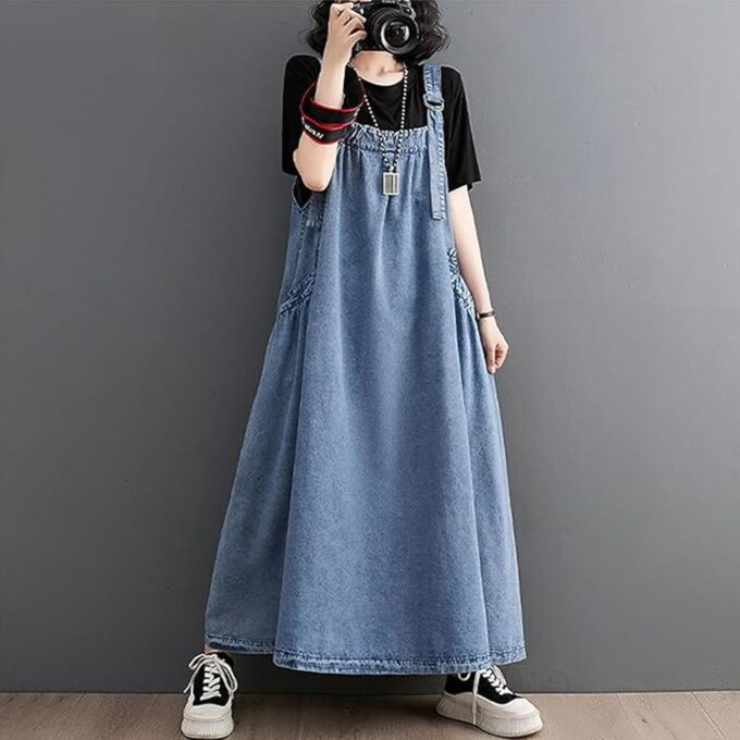 Women's Denim Pullover Casual Loose Sleeveless Adjustable Strap Denim Dress with Pockets and Wide Hem – Bild 5