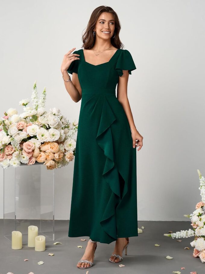 Womens Long Formal Cocktail Dresses Square Neck Split Elegant Evening Party Gowns Ruffle Wedding Guest Dress – Bild 7