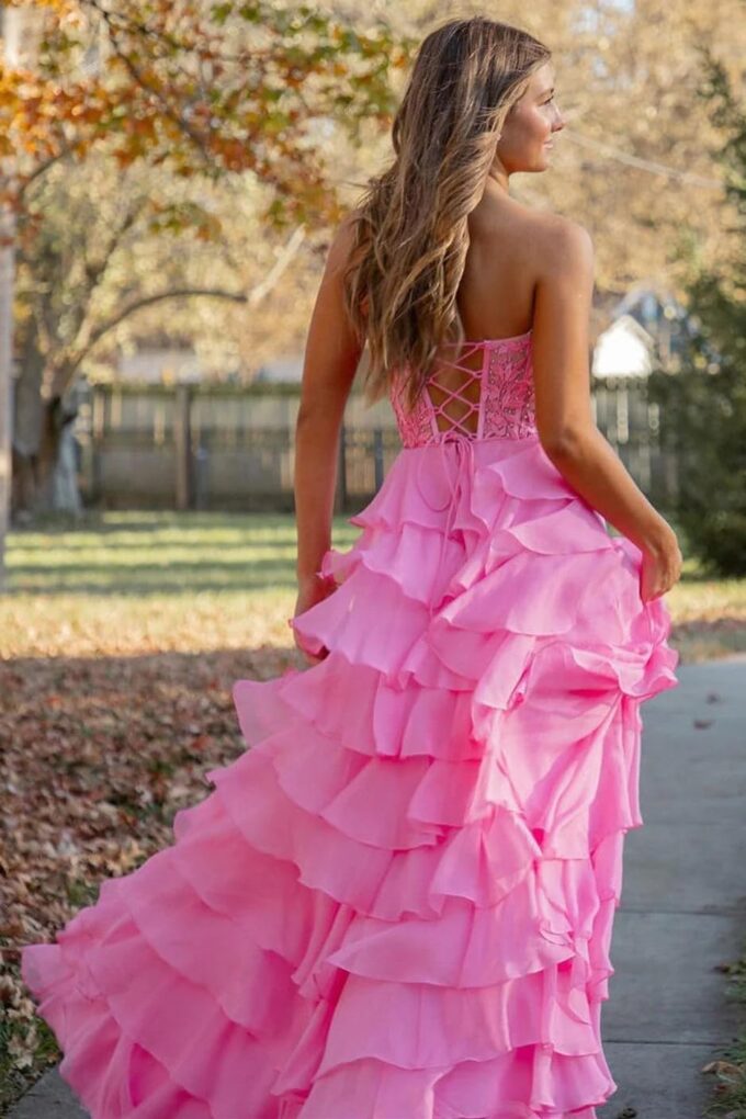 Strapless Ruffles Corset Prom Dresses 2025 for Women Lace Tiered Chiffon Long Formal Evening Gown with Slit WO066 – Bild 2