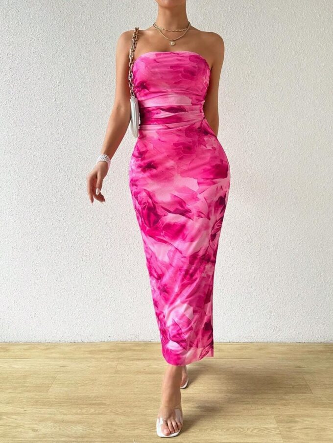 Women's Summer Dress Printed Strapless Tube Bodycon Maxi Side Slit Mesh Layered – Bild 3
