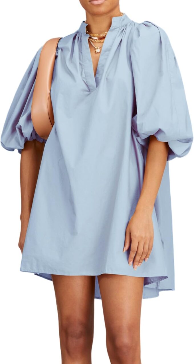 Women Babydoll Mini Dress Summer Casual Cotton V Neck Puff Lantern Sleeve Loose A Line Cute Dress