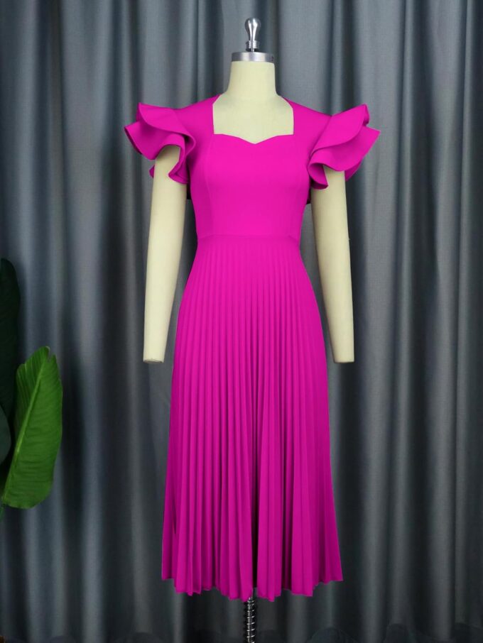 AOMEI Women's Light Purple Square Collar Ruffles Sleeve Pleated Elegant Midi Dress – Bild 3