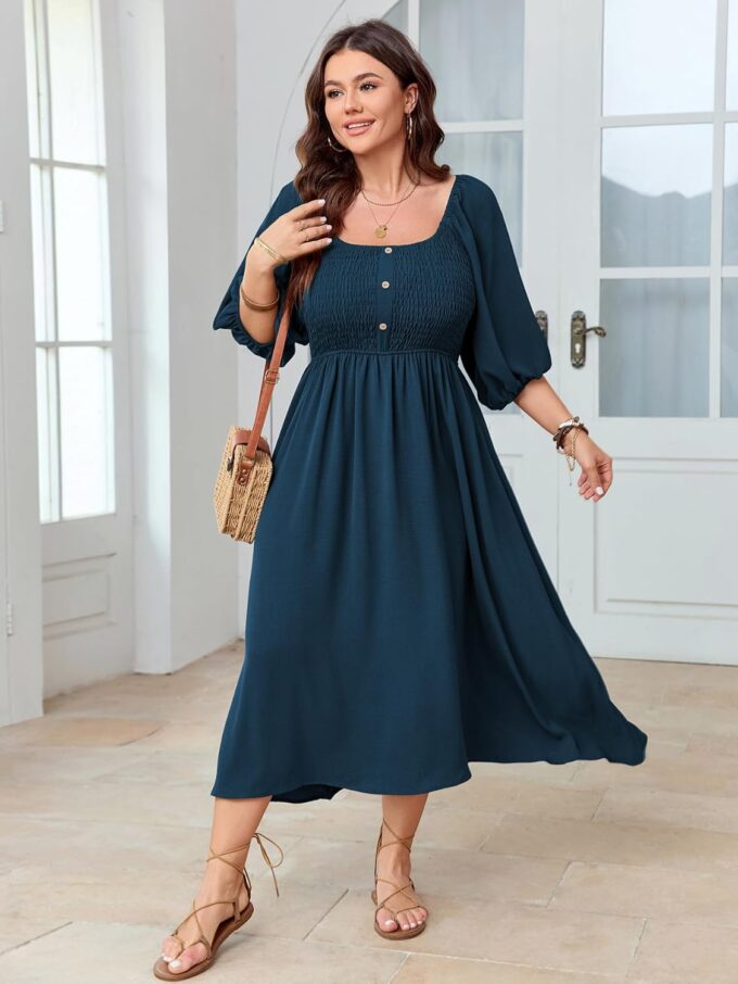 Women's Plus Size Casual Dresses Square Neck Button Up Smocked 3/4 Puff Sleeve Empire Wasit A-line Flowy Midi Dress – Bild 6