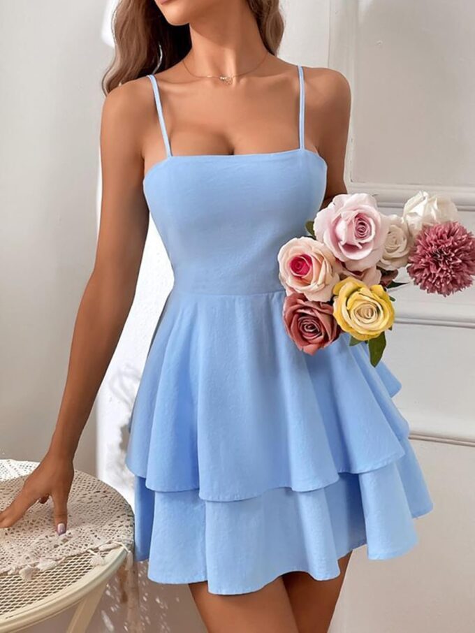 Women's Backless Bow Tie Short Dress Short A Line Tiered Ruffle Fit and Flared Beach Wedding Guest Dress – Bild 4