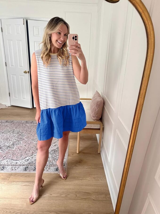 Wenrine Womens Summer Tank Mini Dress Casual Striped Sleeveless Crewneck Constrast Patchwork Loose Dresses – Bild 6