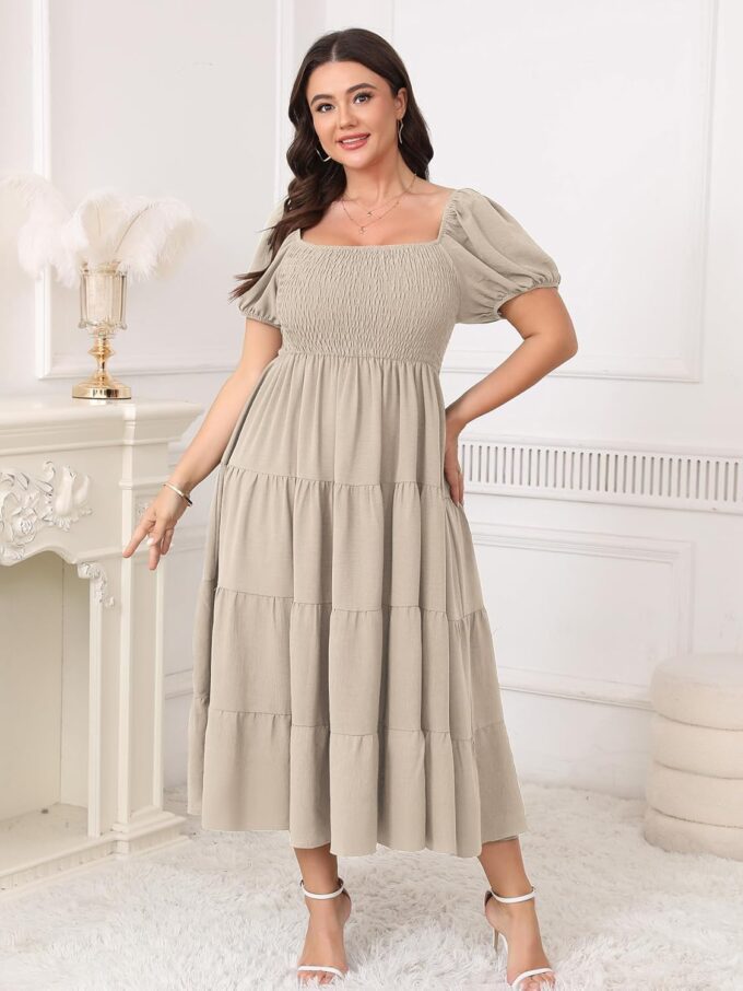 Womens Plus Size Casual Dress Short Puff Sleeve Square Neck Smocked Tiered Summer A Line Flowy Long Maxi Dresses – Bild 7