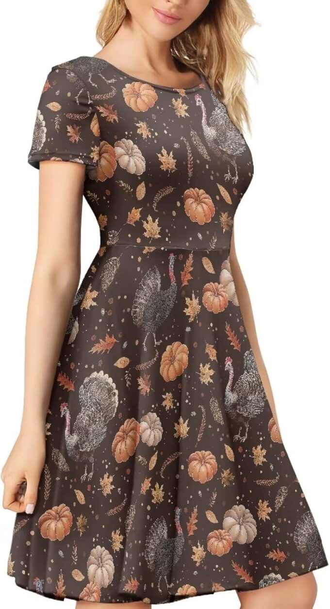HUGS IDEA Womens Puffy Swing Midi Dress Round Neck Short Sleeve Party A-Line Dresses – Bild 2