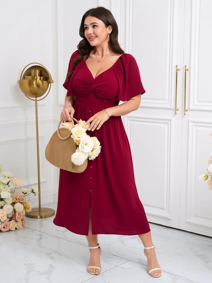 SCOMCHIC Women Plus Size Dresses Short Sleeve Sweetheart Neckline Wedding Guest Cocktail Twist Front A Line Maxi Dress – Bild 5