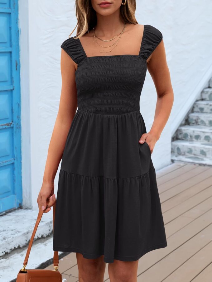 Caracilia Sundresses for Women 2025 Summer Boho Sleeveless Smocked Square Neck Mini Dress Cover Up Beach Vacation Clothes – Bild 2