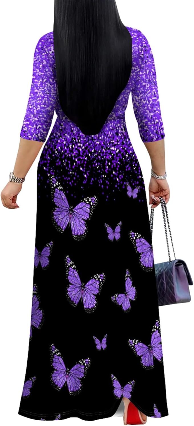 Plus Size Dresses for Women Print Maxi Dresses Flowy 3/4 Sleeve with Belt – Bild 3