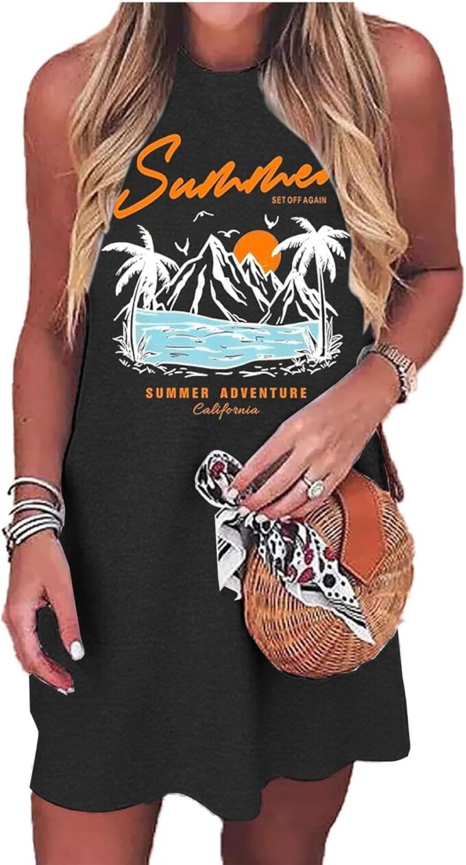 Sundress for Women Summer Beach Graphic Mini Tank Dress Sleeveless Beach Dress Short Mini Sun Dresses