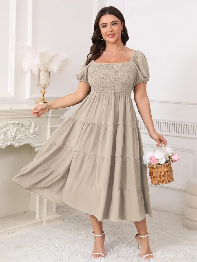 Womens Plus Size Casual Dress Short Puff Sleeve Square Neck Smocked Tiered Summer A Line Flowy Long Maxi Dresses – Bild 2