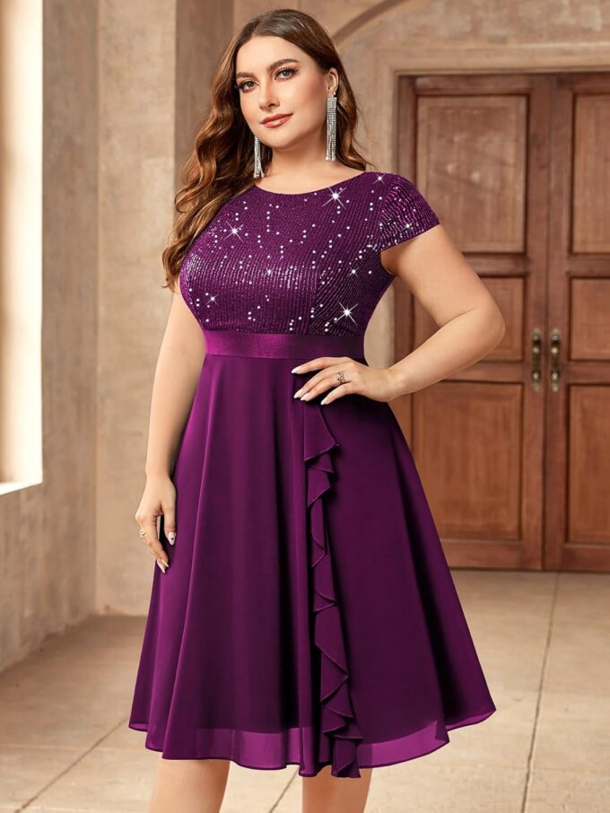 Knitee Women's Plus Size Elegant Sequin Glitter Chiffon Ruffle Style Cocktail Prom Flowy Dress – Bild 4