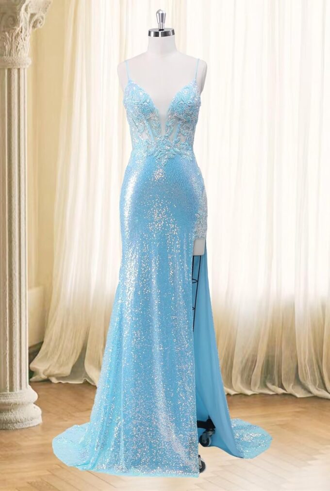 Women's Sequin Mermaid Prom Dresses 2025 Spaghetti Straps V-Neck Lace Applique Formal Evening Dress – Bild 4