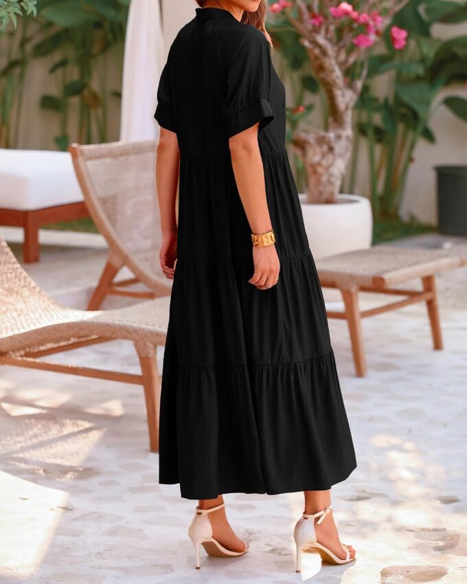dowerme Women's Summer Dresses 2025 Casual Short Sleeve Button Loose Fit Pleated Boho Flowy Swing Long Beach Sun Dress – Bild 5