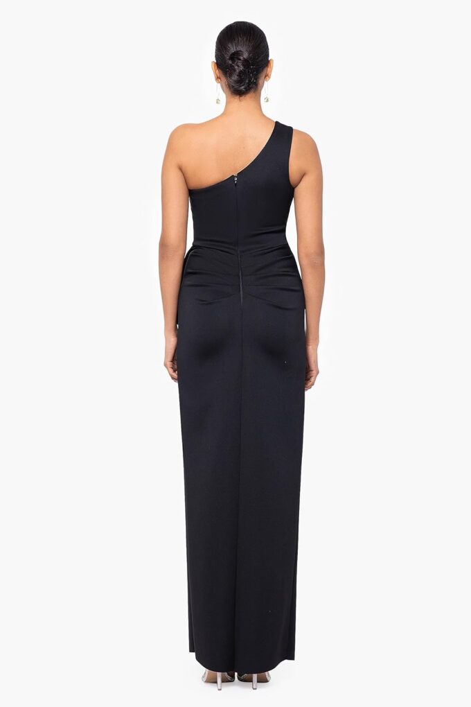 Xscape Women's Long Stretch Scuba Sleeveless One Shoulder Side Ruffle Dress – Bild 2