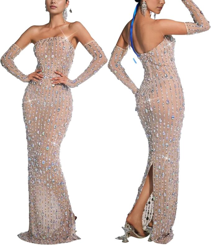 PORRCEY Women's Hot Drilling Craft Sexy Long Sleeve Mesh See Through Party Club Night Rhinestone Dress – Bild 3
