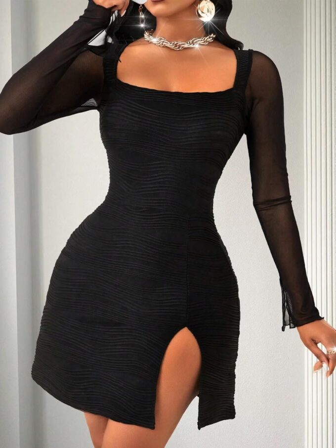 GothDark Women's Sexy Bodycon Dress Mesh Long Sleeve Square Neck Ruched Split Hem Club Party Mini Dresses – Bild 5