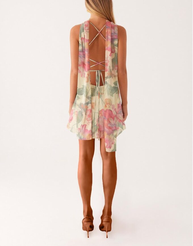Women Y2k Floral Mini Dress Flower Halter Sheer Mesh Tie Back Short Dresses Summer Sexy Party Dress with Scarf – Bild 2