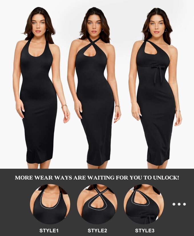 Popilush Shapewear Halter Summer Dress 4 Ways to Wear Bandage Casual Club Night Out Dress Built in Bra – Bild 2