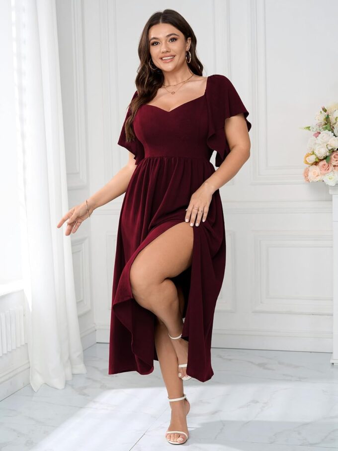 SCOMCHIC Women Plus Size Dresses Short Sleeve Sweetheart Neckline Wedding Guest Cocktail Smocked A Line Slit Maxi Dress – Bild 5