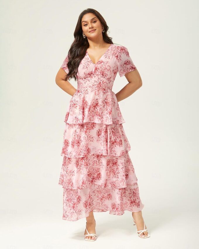 ADOR Women's Floral Summer Empire Waist V Neck Casual Long Flowy Chiffon Maxi Dress Ruffle Tiered Short Sleeve A-line Dreses – Bild 4