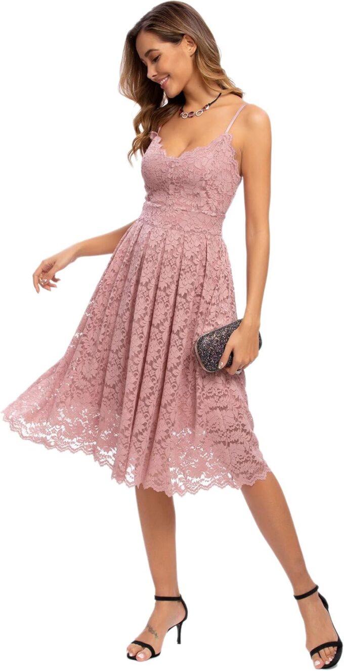 Atnlewhi Womens Spaghetti Strap V Neck Sleeveless A Line Lace Dresses for Evening Cocktail Formal Wedding Guest