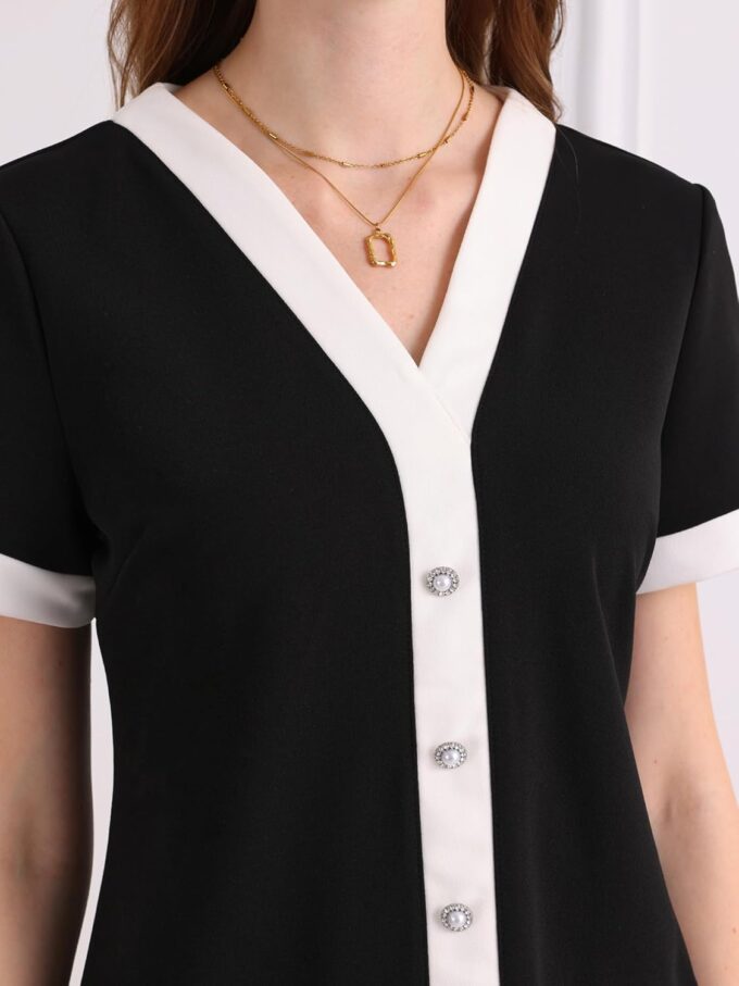Hobemty Damen Kleid in Kontrastfarbe, V-Ausschnitt, kurze Ärmel, 2025, elegante Arbeit, A-Linie – Bild 4