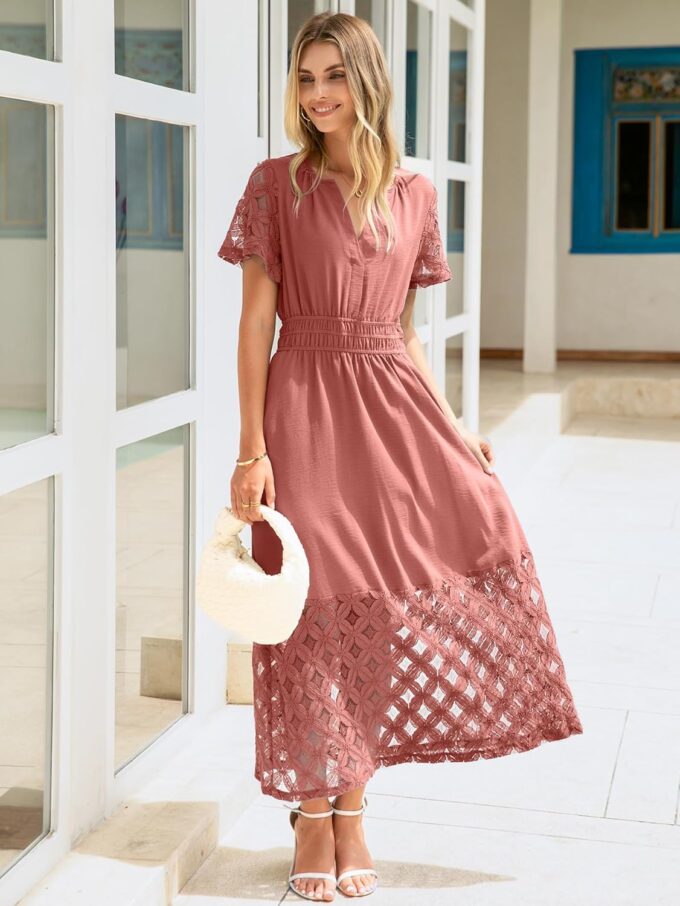 Simplee Womens 2025 Summer Boho Maxi Dress V Neck Empire Waist Long Flowy Dresses with Pockets – Bild 2