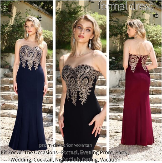 Adult Prom Dress for Women - Gold Lace Applique Long Sheer Illusion Mermaid Formal Dresses Evening Gown – Bild 2
