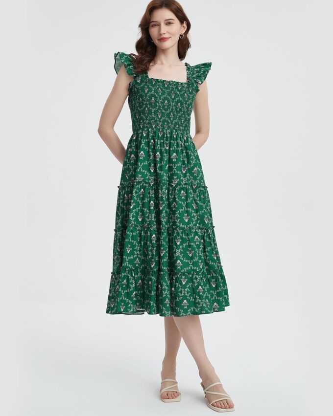 Women's Floral Smocked Midi Dress Square Neck Ruffle Strap Sleeveless Flowy A-Line Long Beach Sundress – Bild 6