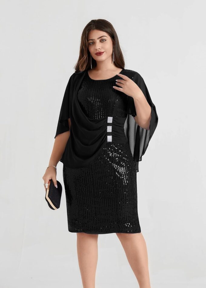 Hanna Nikole 2024 Womens Sequin Party Dress Plus Size Chiffon Cape Sleeve Cocktail Midi Dress – Bild 7