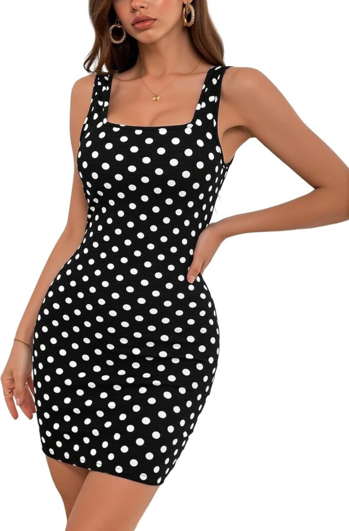 SOFIA'S CHOICE Polka Dot Dress for Women Vintage Square Neck Sleeveless Bodycon Short Dress – Bild 4