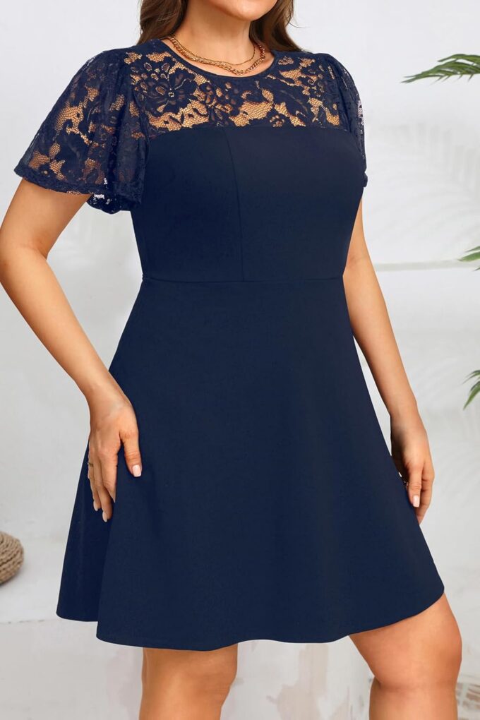 Plus Size Cocktail Dress - Lace Wedding Guest Party Crew Neck Short A Line Dresses Women – Bild 4