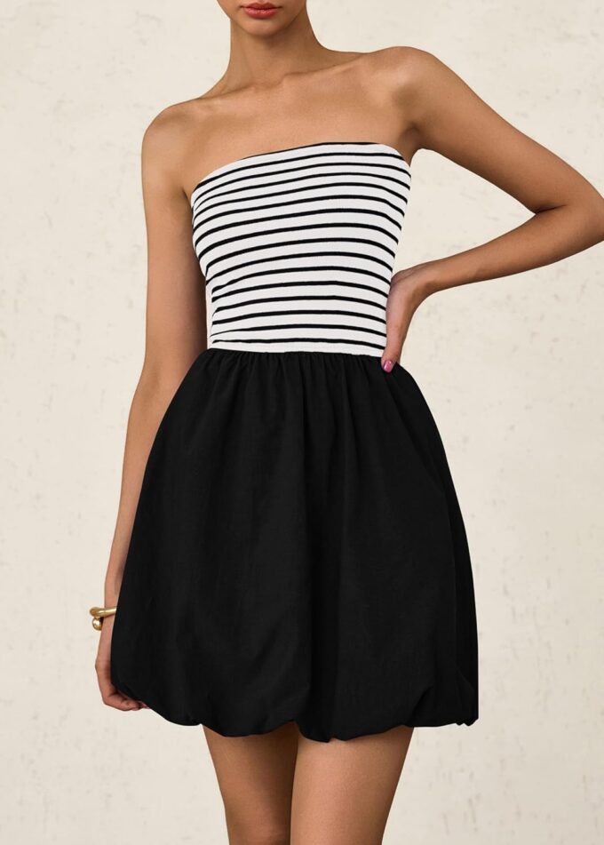 KIRUNDO Strapless Dress for Women Bubble Hem Summer Sexy Tube Top 2025 A Line Patchwork Mini Beach Vacation Sundress – Bild 7