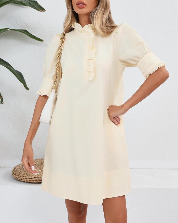 Women's Puff Short Sleeve Stand Ruffle Collar Summer Dress Casual A Line Shift Mini Dress with Pockets – Bild 4
