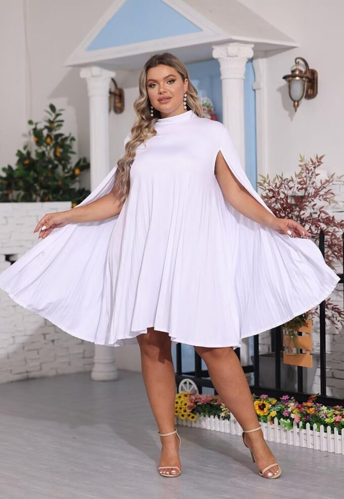KEYUFANG Women’s Plus Size Cape Sleeve Elegant Loose Pleated Short Dress for Cocktail Party – Bild 4