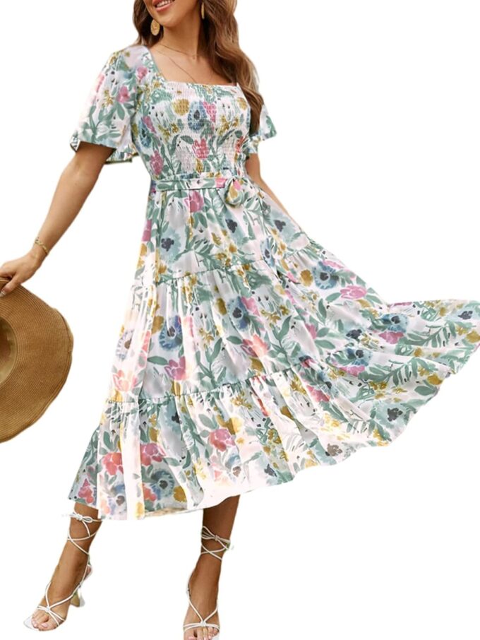 Amegoya Women's Boho Flowy Long Sleeve Square Neck Floral Midi Dress Smocked Spring Fall Wedding Guest Dresses
