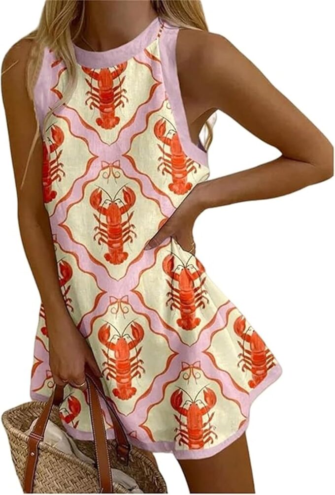 Womens Lobster Dresses Y2K Sleeveless Cute Graphic Lobster Fish Printed Dress Linen Summer Mini Tank Sundress