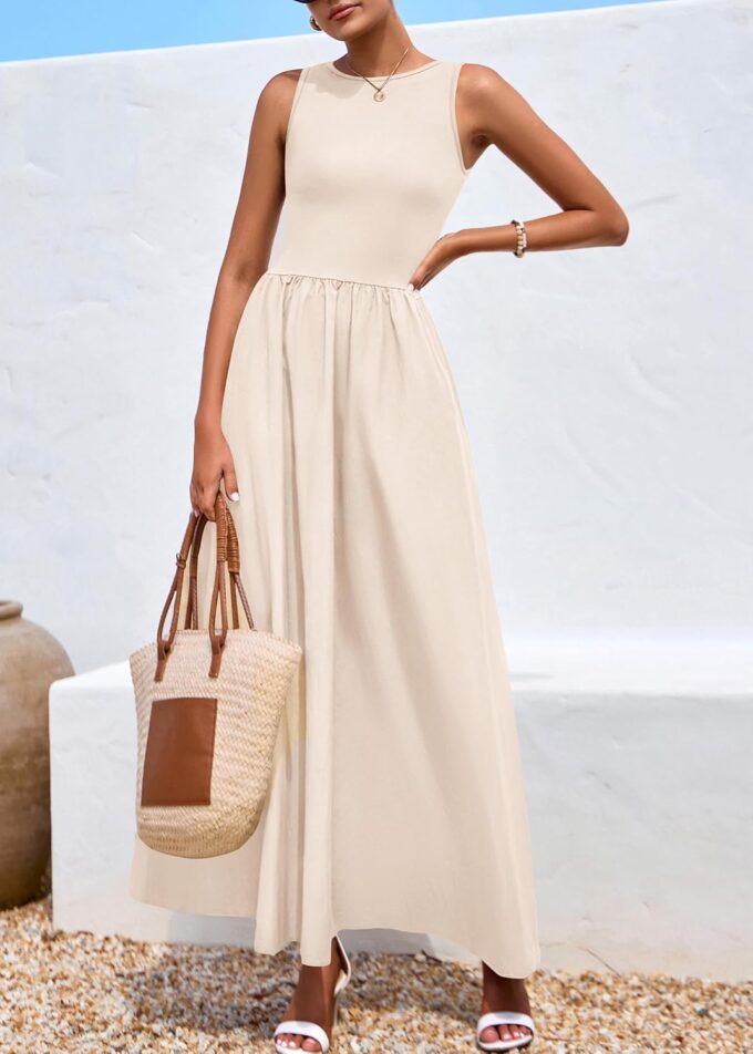 KIRUNDO Sleeveless Maxi Dresses for Women 2025 Spring Summer Mixed Fabric Pocketed Elegant Wedding Guest Flowy Tank Dress – Bild 7
