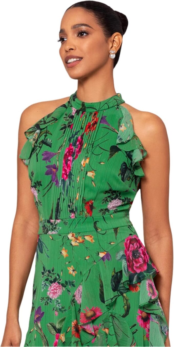 Betsy & Adam Women's Sleeveless Halter Neck Long Chiffon Floral Ruffle Dress – Bild 4