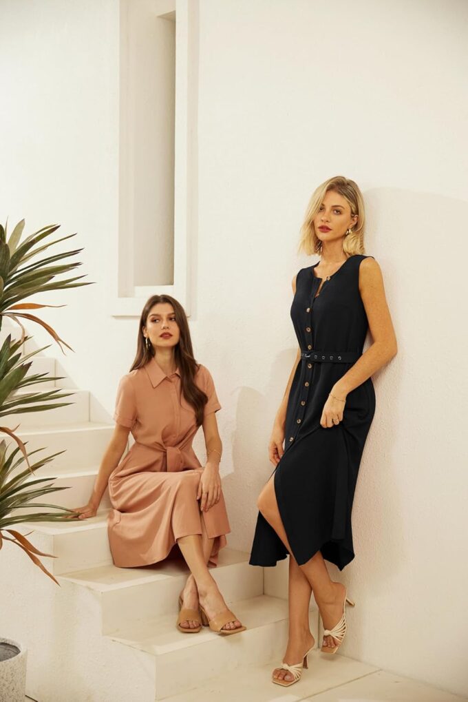 GRACE KARIN Women Casual Summer Dress 2025 Business Work Belted Sleeveless Button Down Shirt Midi Dresses with Pockets – Bild 5