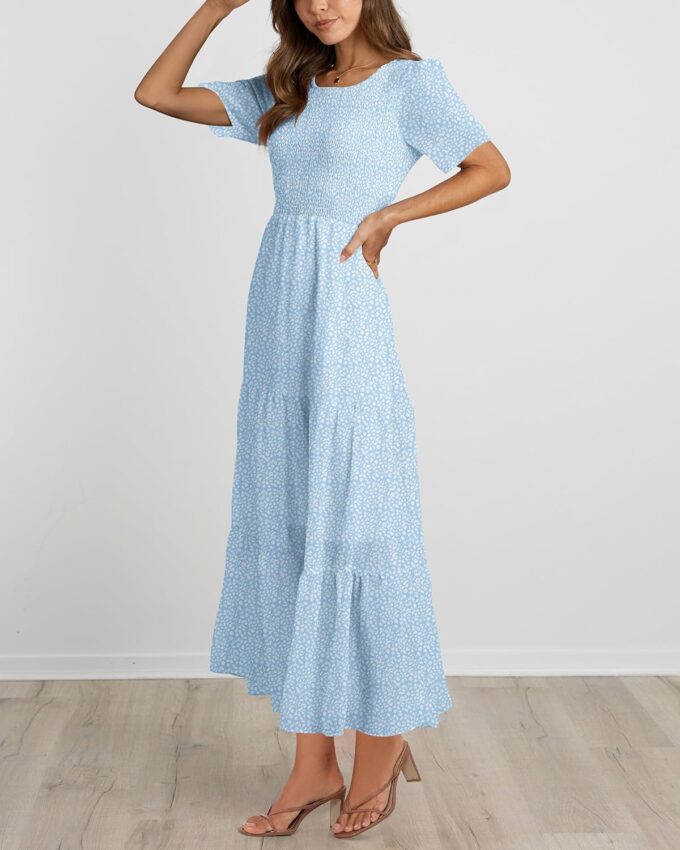 BTFBM Women Casual Short Sleeve Crew Neck Summer Dress Bohemian Floral Printed Flowy Maxi Dresses Tiered Cocktail Dress – Bild 5
