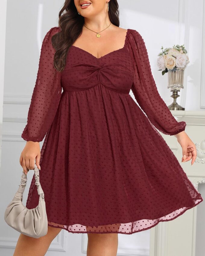 Plus Size Graduation Dress - Summer Swiss Dot Sweetheart Neckline Short Sundress Puff Sleeve Cute Flowy Chiffon Dresses – Bild 4
