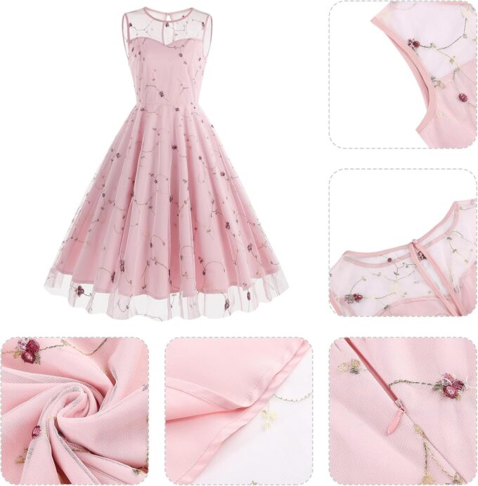 1950s Dresses for Women Vintage Floral Embroidery Mesh Dress Sleeveless Round Neck Swing Dress – Bild 4