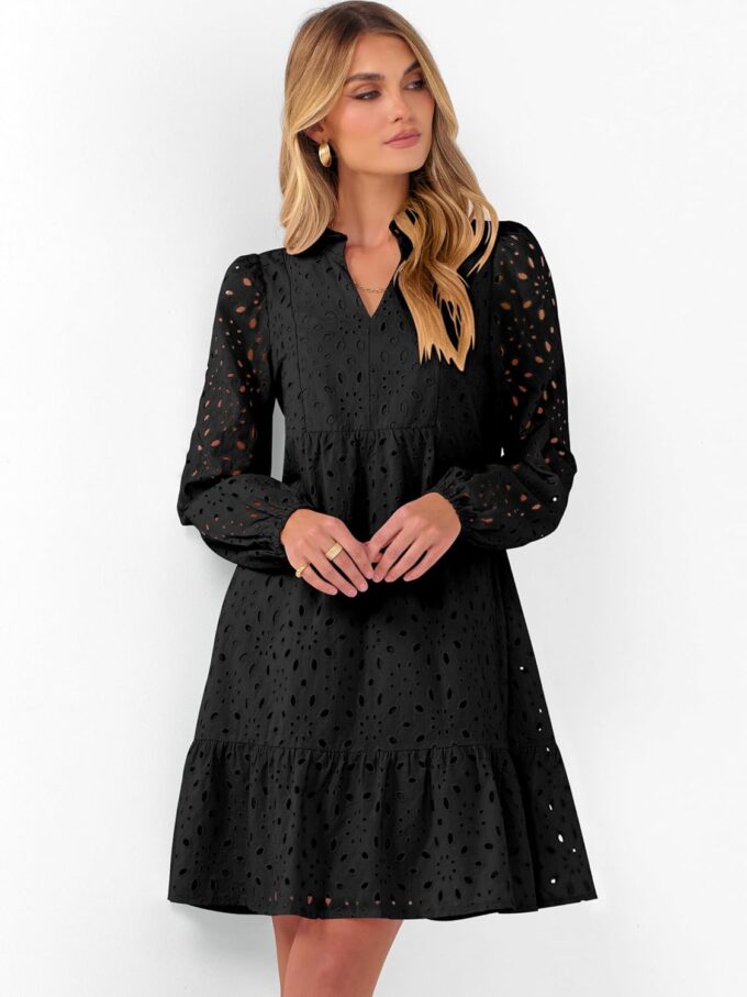Caracilia Long Sleeve Dress for Women V Neck Hollow Out Eyelet Casual Fall Boho Flowy Swing Tiered Mini Vacation Dresses – Bild 3