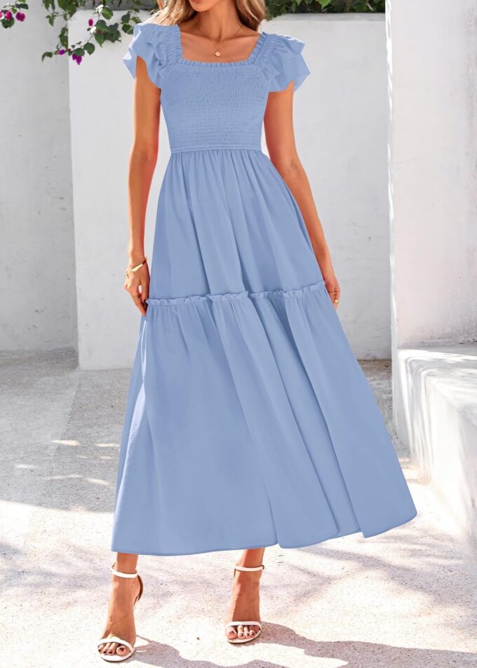 KIRUNDO Smocked Summer Dresses for Women 2025 Wedding Guest Midi Flowy Ruffle Short Sleeve Square Neck Tiered Sundress – Bild 7