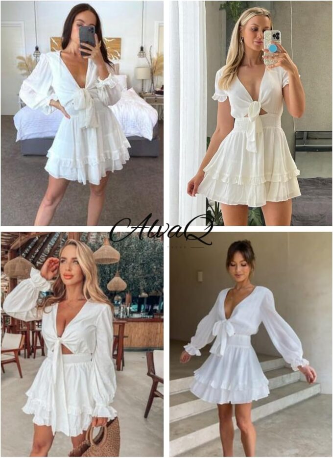 AlvaQ Womens Dresses Spring Summer Knot Front V Neck Ruffles Long Sleeve Floral Print Swing Mini Dress – Bild 4