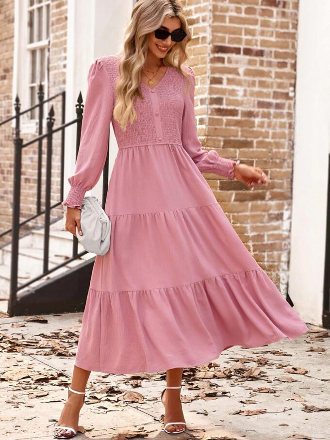 Kate Kasin Womens Long Sleeve Maxi Dress Spring Fall Dresses 2025 Trendy Smocked V Neck Modest Wedding Guest Dress & Pockets – Bild 4