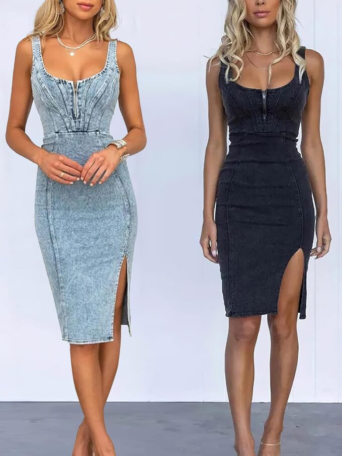 ebossy Women's Sleeveless Bodycon Denim Dress Zipper Up Side Split Casual Slim Mid Long Jean Dresses – Bild 6